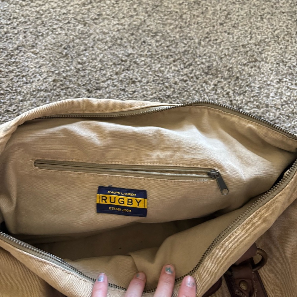 Vintage Rugby Ralph Lauren Khaki Canvas & Leather Small Duffle Tote Bag Monogram - Picture 16 of 16